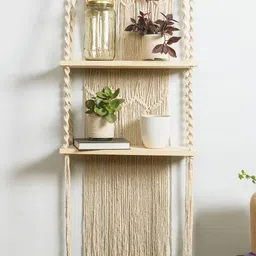 Decazone Beige Hand Knotted Cotton Rope Macrame Wall Hanging With Attached Shelves image 1