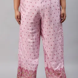 W Women Plus Size Pink Floral Printed Trousers-image-15