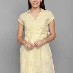 Allen Solly Woman Women Yellow & White Vertical Striped Wrap Dress-picture-33