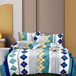 DECOREZA Blue Geometric Printed Cotton 300 TC King Bedsheet with 2 Pillow Covers-picture-29