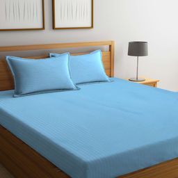 FABINALIV Blue Striped 300 TC Fitted King Bedsheet with 2 Pillow Covers-picture-4