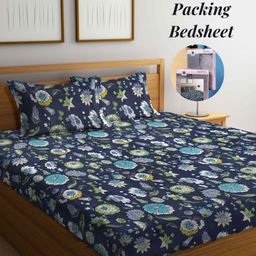 Arrabi Grey & Blue Floral 300 TC King Bedsheet with 2 Pillow Covers-picture-24