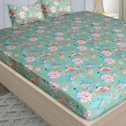 Stylista Green Floral Cotton 400 TC King Fitted Bedsheet with 2 Pillow Covers-image-95
