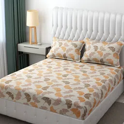 Furnistitchs Cream-Coloured Printed Fitted 300 TC King Bedsheet With 2 Pillow Covers-picture-12