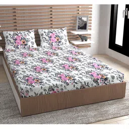 Urban Magic White & Pink Floral 140 TC Queen Bedsheet with 2 Pillow Covers-image-3
