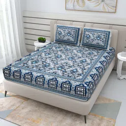 Wayne Martin Navy Blue Floral Pure Cotton 210 TC Queen Bedsheet with 2 Pillow Covers-image-21