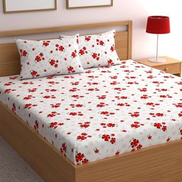 CHHAVI INDIA White & Red Floral Printed 210 TC Queen Bedsheet with 2 Pillow Covers-picture-3