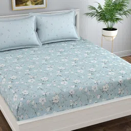 Florida Blue Floral 300 TC Fitted Queen Bedsheet with 2 Pillow Covers-image-6
