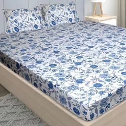 Stylista Blue Floral Cotton 400 TC Queen Fitted Bedsheet with 2 Pillow Covers-image-35