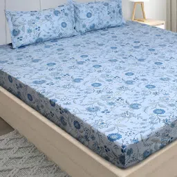 Stylista Blue Floral Cotton 400 TC Fitted Queen Bedsheet with 2 Pillow Covers-picture-32