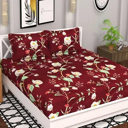 bsb home Maroon & Green Floral 120 TC Queen Bedsheet with 2 Pillow Covers-image-16