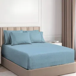 bsb home Blue Striped Microfiber 180 TC Fitted Queen Bedsheet with 2 Pillow Covers-picture-45