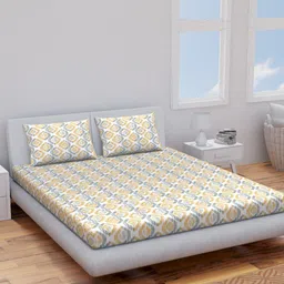 Himeya Yellow & White Geometric Cotton 144 TC King Bedsheet With 2 Pillow Covers-image-19