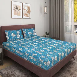 Aura Blue & White Floral Printed Microfiber 144 TC Queen Bedsheet Set 2.29 m x 2.54 m-picture-17