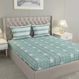 Raymond Home Green & Blue Geometric Cotton 144 TC Queen Bedsheet With 2 Pillow Covers-image-10