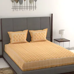 Wayne Martin Yellow & White Floral Cotton 380 TC King Bedsheet With 2 Pillow Covers-image-55