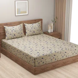 SWAYAM Beige & Blue Floral King Bedsheet with 2 Pillow Covers image 1