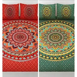 Runjhun Red & Yellow Ethnic Motifs Cotton 2 King Bedsheet with 4 Pillow Covers-picture-29