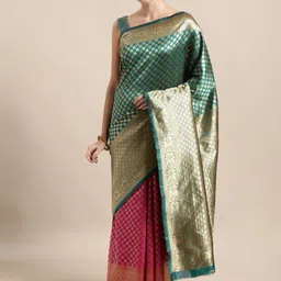 Mitera Red & Blue Ethnic Motifs Zari Silk Blend Banarasi Saree-image-27