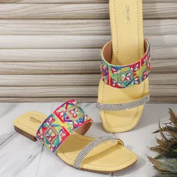 Anouk Yellow & Silver-Toned Embellished & Embroidered Open Toe Flats-picture-10