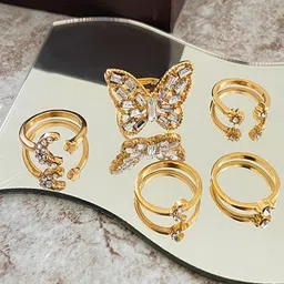 Jewels Galaxy Set Of 5 Gold-Plated Crystal-Studded Finger Rings-picture-41