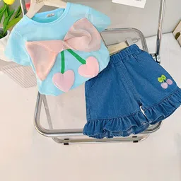 INCLUD Girls Self Design Bow & Applique Top with Shorts-picture-43