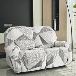 HOKIPO White & Grey 2 Seater Geometric Printed Stretchable Sofa Cover With Arms image 1