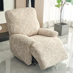 HOKIPO Beige & White 1 Seater Printed Recliner Sofa Covers With Arms image 1
