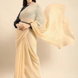 Sangria Gold-Toned & Black Striped Sequinned Silk Blend Saree-image-2