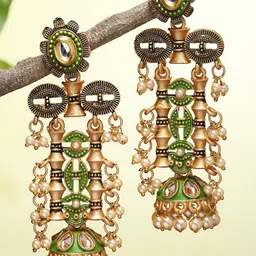 KARATCART Gold-Plated & Lime Green Dome Shaped Jhumkas Earrings-picture-25
