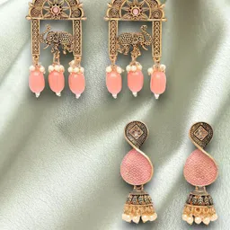 ADIVA Set Of 2 Gold-Plated Stone-Studded & Beaded Animal Shaped Drop Earrings image 1