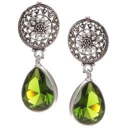 Bamboo Tree Jewels Silver-Toned & Green Diamond Shaped Drop Earrings-picture-45