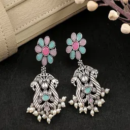 UNIVERSITY TRENDZ Silver Plated Kundan Studded Peacock Shaped Drop Earrings-picture-43
