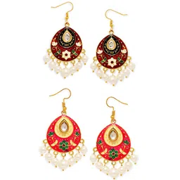 OOMPH Set of 2 Gold-Plated Teardrop Shaped Meenakari Drop Earrings image 2