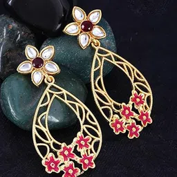 Vighnaharta Gold-Plated Stone-Studded & Beaded Floral Drop Earrings-picture-42