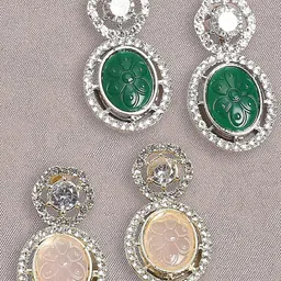 OOMPH Set Of 2 American Diamond-Studded Oval Drop Earrings image 1