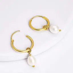 GIVA 92.5 Sterling Silver Gold Plated Pearl Drop Hoop Earrings-picture-57