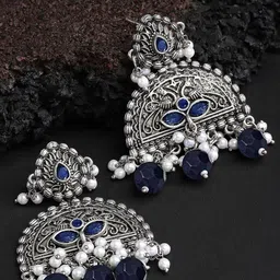 KARATCART Silver Plated Kundan Studded & Beaded Oxidised Drop Earrings-picture-25