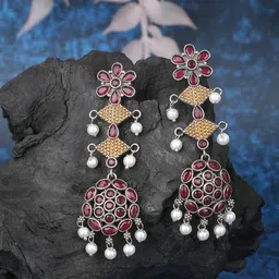Anouk Silver-Plated Stone-Studded & Beaded Contemporary Oxidised Drop Earrings-picture-40