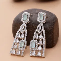 ZENEME Rhodium-Plated American Diamond Contemporary Drop Earrings-picture-23