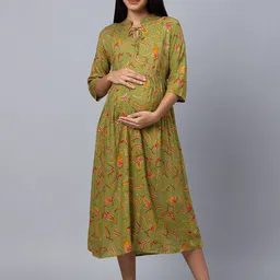 AV2 Olive Green Floral Maternity A-Line Midi Dress image 1