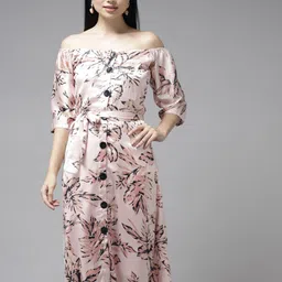 Aarika Floral Printed Off-Shoulder Georgette Shirt Style Dress-image-64