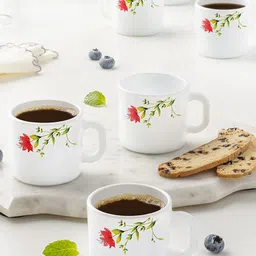 Larah by BOROSIL Red & White 6-Pieces Floral Printed Opalware Matte Mugs 100 ml image 1