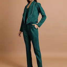 Tokyo Talkies Shoulder Straps Suede Top with Shawl-Collar Blazer & Trouser-image-15