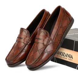 SHOZANIA Men Textured Leather Penny Loafers-image-3