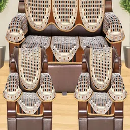 AZOTICA Mustard 12 Pieces Checked Cotton 5 Seater Sofa Covers With Arms-picture-23