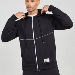 Styli Men Black Contrast Piping Detail Zip Through Fleece Tracksuit image 5