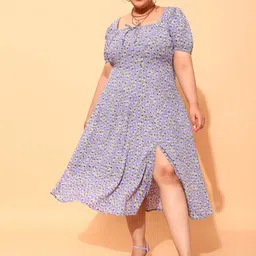 CURVY STREET Plus Size Lavender & White Floral Printed Square Neck A-Line Dress-picture-11