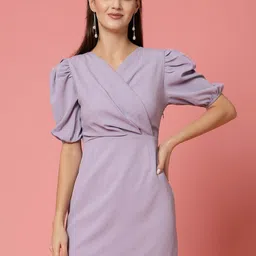 Strong And Brave V-Neck Puff Sleeves Sheath Mini Dress-image-46