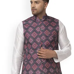 Benstoke Men Grey & Purple Printed Woven Nehru Jackets-picture-13